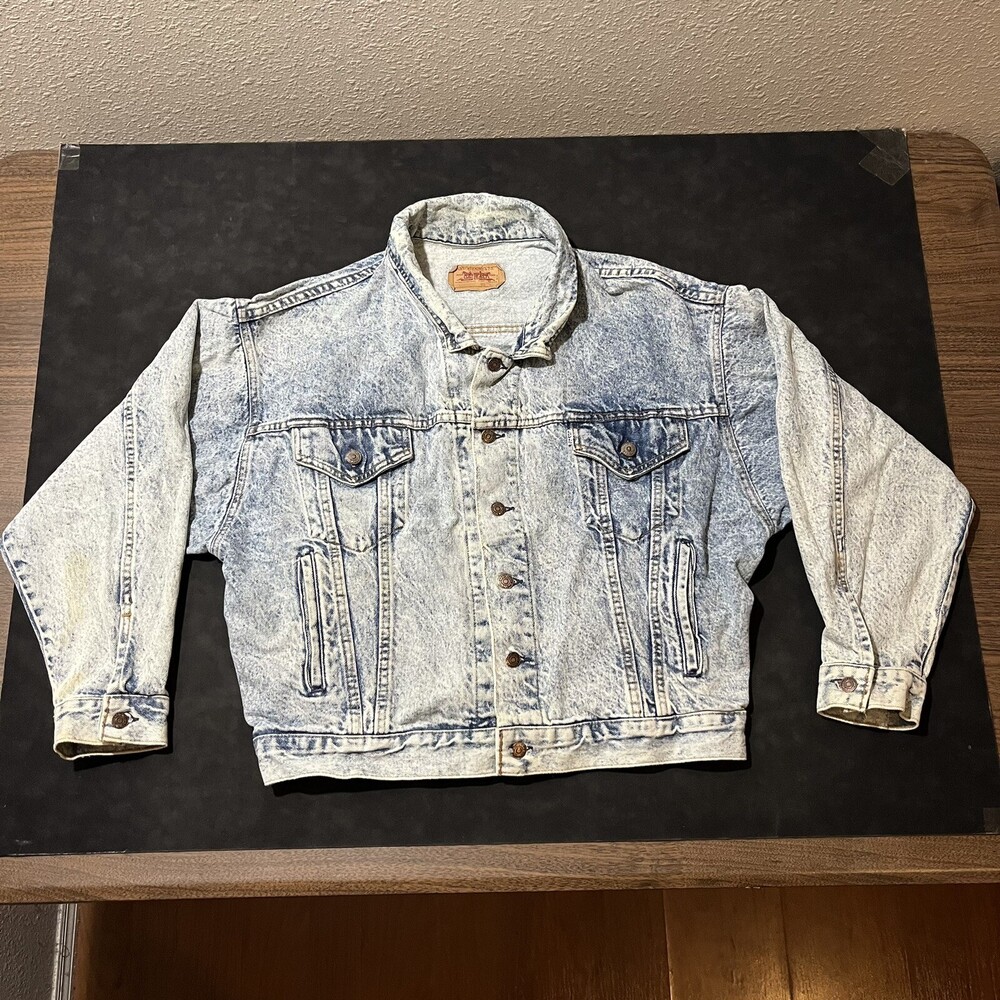 Vintage Levis Trucker Jacket 1980s Galactic Acid wash Levi Moto Leather Patch US